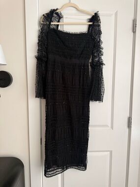 Self-Portrait Black Midi Dress with Sheer Polka-Dot Puff Sleeves